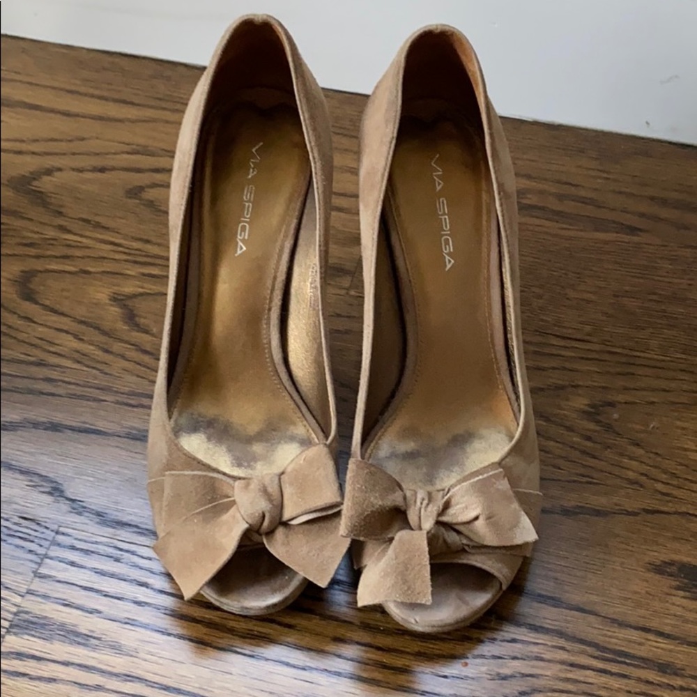 Via Spiga peep toe bow high heels, suede